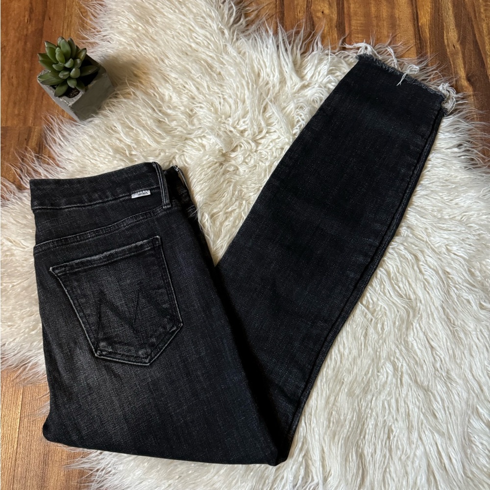 Mother The Looker Ankle Fray Jeans Faded Black Wash